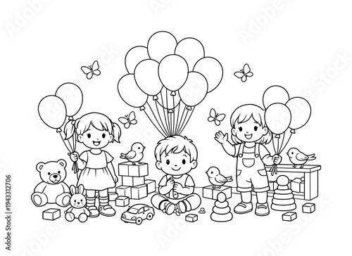 Balloon bunch with children holding balloons in a cozy playroom, blocks and stuffed animals scattered around, friendly birds