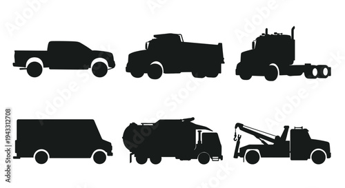 Silhouettes of various commercial vehicles including trucks vans and a tow truck