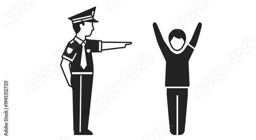 A police officer points towards a person with raised arms in a black and white illustration