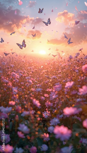 Butterflies fly over a field of flowers at sunset in a landscape filled with colors and nature's beauty