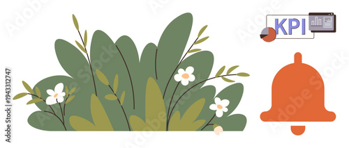 Business goals, productivity, analytics, progress tracking, alerts, performance reports. Green plants with flowers, KPI chart and orange notification bell. Productivity and alerts concept