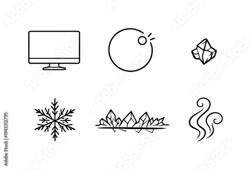 Line vector icons of a screen frosting over from disuse (idle freeze effect): display contour, inactive indicator, tiny ice chip,