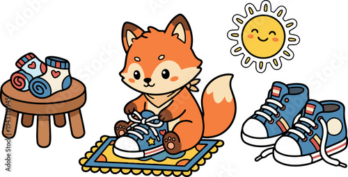 Cute orange fox sitting on colorful rug tying blue star sneakers with smiley sun and socks on wooden stool cartoon vector