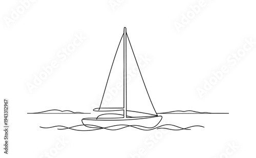 Single sailboat gliding across calm water with tall mast and triangular sail raised, gentle wave lines beneath the hull and