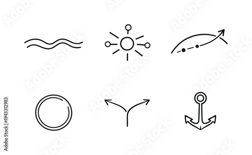 Line style icons of thought-flow tracking interface: thought stream line, idea pulse node, mental trajectory arc, clarity ring,