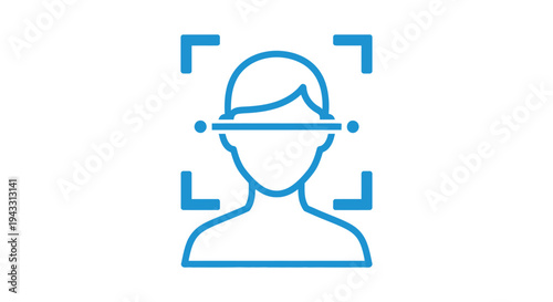 Blue line art vector graphic illustration representing a digital facial recognition scan actively identifying an anonymous user profile or subject within a security framework.