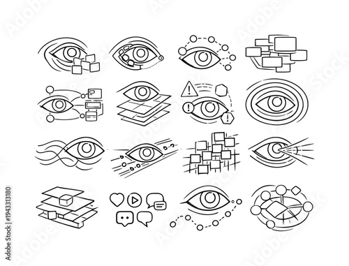 Line vector icons of continuous eye-projected ad streams: projection arcs, retina pads, micro-signal dots, feed stems, overlay