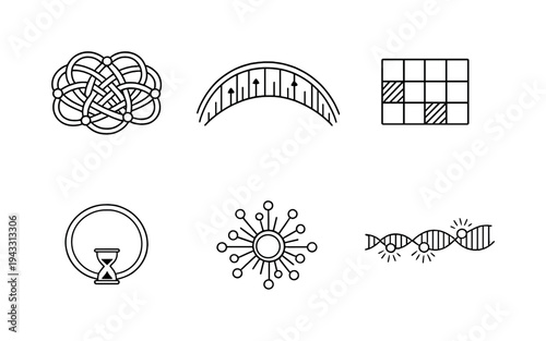 Line style icons of biological-age indicators: methylation cluster knot, gene-expression arc, chromatin accessibility tile,