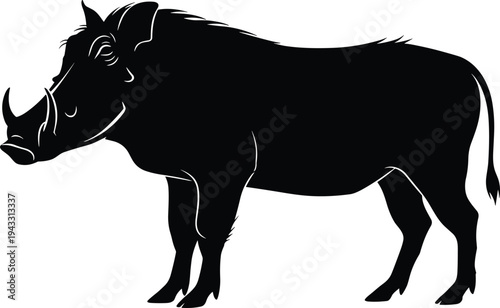 Warthog silhouette isolated on white background, cad drawing flat vector illustration, wild african animal profile, savanna wildlife mascot icon graphic.