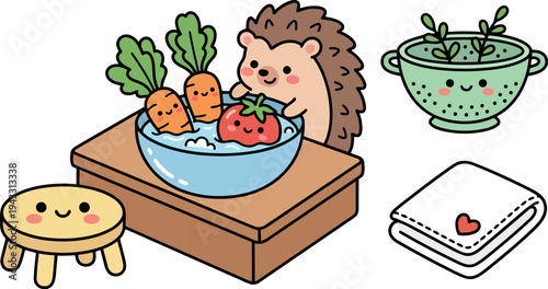 Cute cartoon hedgehog washing smiling vegetables in bowl on wooden table with happy colander and towel nearby flat design vector art