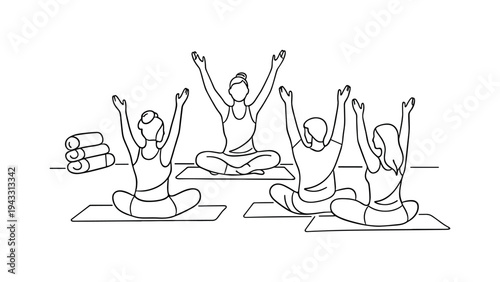 Instructor demonstrating breathing technique to a small group seated on mats, arms raised gently overhead, rolled yoga blocks