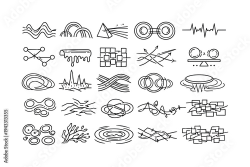 Simulated World Error Icons. Line vector icons of simulated world errors manifesting as law violations: temporal desync waves,