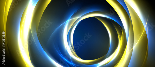 Abstract design features concentric glowing circles. Yellow, blue hues dominate dark background. Dynamic, modern visual composition.