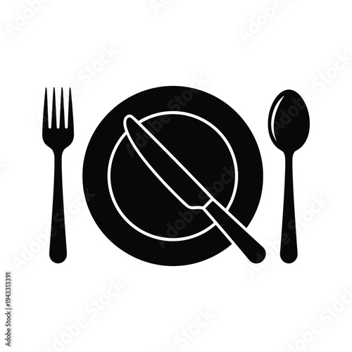 Black Silhouette of Plate, Fork, Knife, and Spoon on White Background