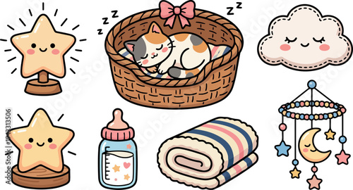 Cute sleeping calico cat in cozy wicker basket with pink bow soft blanket baby bottle star nightlight and smiling cloud nursery set vector art