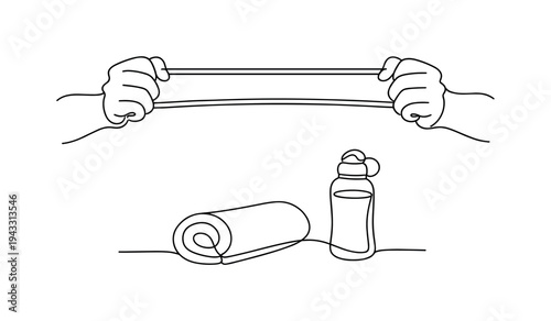 Close view of hands stretching a resistance band outward at chest level, elbows bent slightly, rolled towel and water bottle