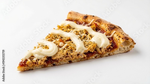 Macro studio photography of a chicken and cream cheese pizza slice isolated on white. High-definition textural focus on the melted cheese and crispy crust for food advertising.