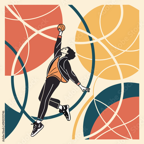 Dynamic vector illustration of basketball player jumping for dunk in artistic scene with overlapping colorful geometric circles and line patterns