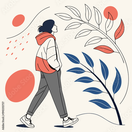 Modern vector illustration of woman in hoodie walking through stylized forest of giant leaves and abstract shapes in contemporary flat art style