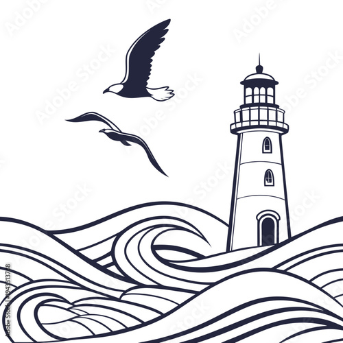 Lighthouse and flying seagulls over ocean waves. Nautical landscape with beacon and birds over wavy sea water for marine design
