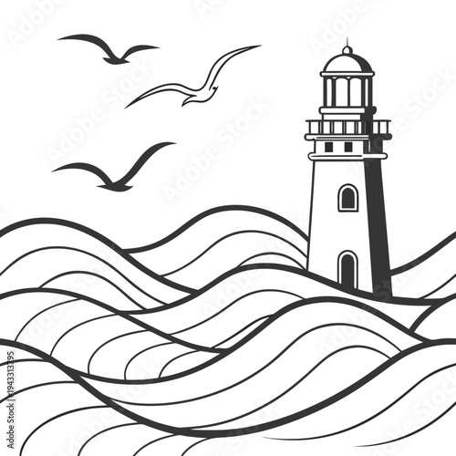 Majestic lighthouse standing tall amidst rolling ocean waves with seagulls soaring in sky above symbol of hope and guidance