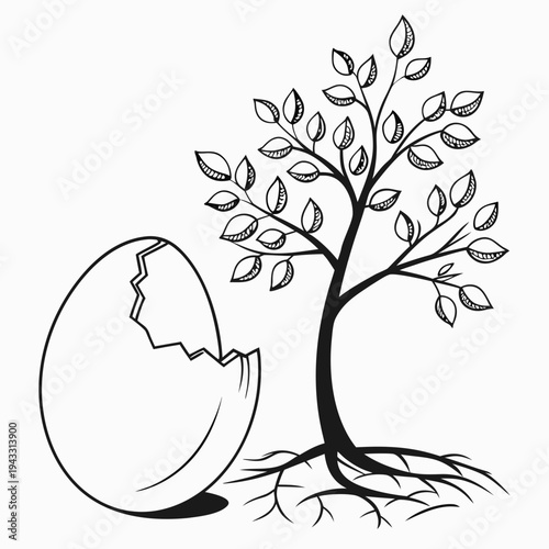 Tree with strong roots growing beside a cracked egg symbolizing natural birth and the start of new life