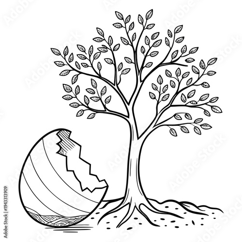 Minimalist vector illustration of a young tree growing with roots shown next to a large cracked egg shell on a white background for coloring book