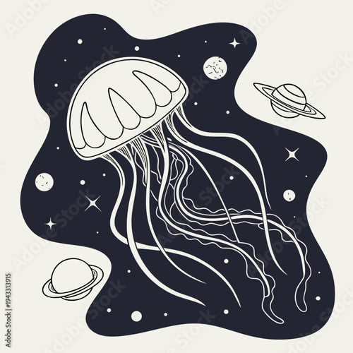 Cosmic jellyfish illustration showing underwater creature swimming in universe with planets and stars, surrounded by celestial bodies