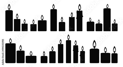 A collection of black silhouette candles in varying heights and widths