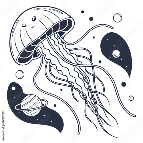 Cosmic jellyfish vector illustration showing underwater creature swimming in universe with planets and stars