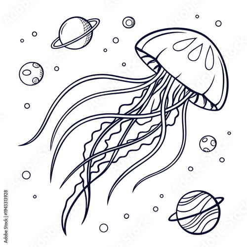 Cosmic jellyfish illustration showing underwater creature swimming in universe with planets and stars, surrounded by celestial bodies