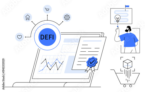 Decentralized finance, smart contracts, blockchain technology, cryptocurrency, digital transactions, fintech solutions, secure systems. ion of DEFI concepts with documents, blockchain symbols