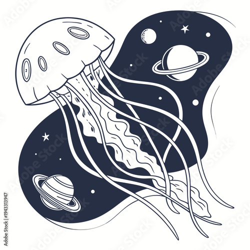 Cosmic jellyfish illustration showing underwater creature swimming in universe with planets and stars, surrounded by celestial bodies