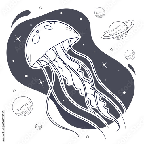 Mysterious jellyfish in dark space filled with planets, stars and swirling cosmic nebula, deep universe exploration, digital art