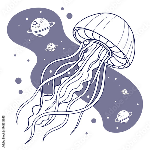 Jellyfish adrift in vibrant purple space nebula with orbiting planets and glowing stars, cosmic fantasy illustration