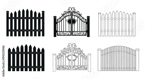 Collection of black and white gate and fence designs vector illustration