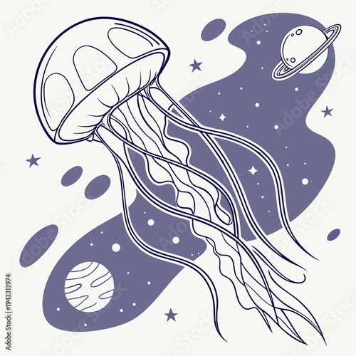 Jellyfish swimming through cosmic space among planets and stars in line art style with deep purple background elements for creative poster design