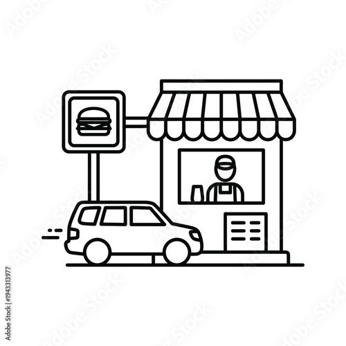 Drive Thru Restaurant Icon: Car Ordering Fast Food