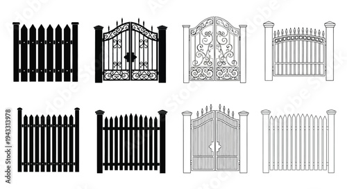 Black and white illustration of various ornate fence and gate designs