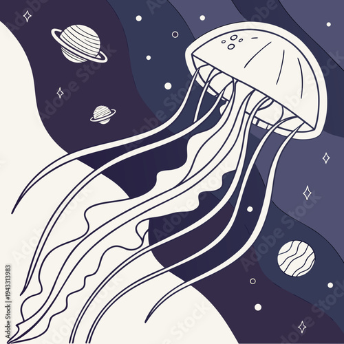 Abstract space jellyfish floating across dark galactic layers with planets and twinkling stars in minimalist line art illustration for modern art