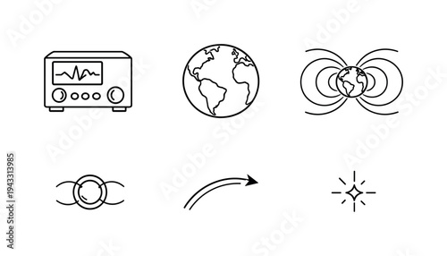 Line vector icons of a device visualizing Earth’s magnetic field (field-line mapper): device block, Earth outline, mapping curves