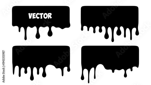 Black Rounded Rectangle Banners with Effect of Liquid Drip Flowing Down. Spilled, Drop, Splash, Drip. Effect of Blood, Milk, Melt Honey or Syrup. Vector Illustration.