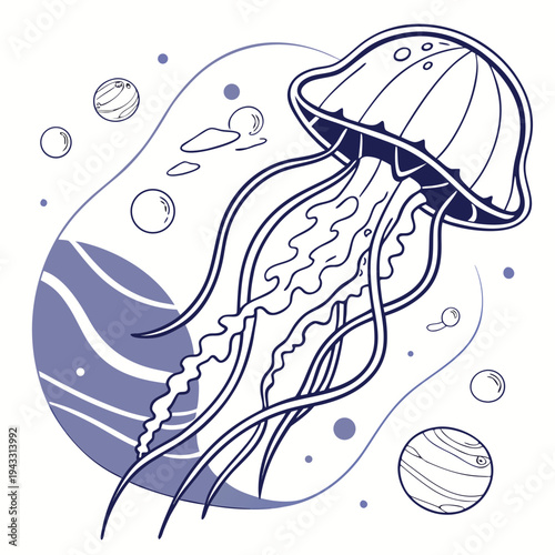 Cosmic jellyfish surrounded by bubbly planets and swirling celestial gases in clean line art style perfect for coloring book or educational layout