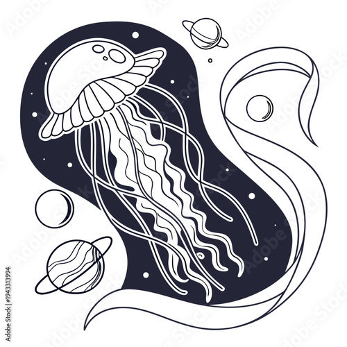 Cosmic jellyfish vector illustration. stylized ocean creature with long tentacles, swimming through starry space with planets and abstract elements