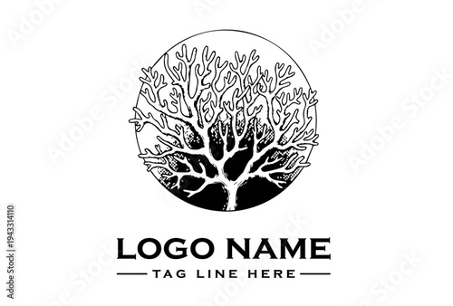 Black and white logo design featuring a tree in a circle with space for logo name and tagline on a white background.