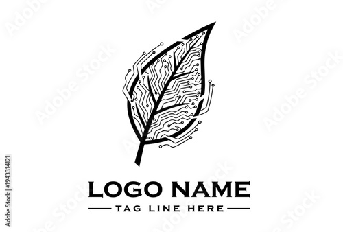 Black and white logo design featuring a leaf with a fingerprint pattern on a clean white background with space for a logo name and tagline.