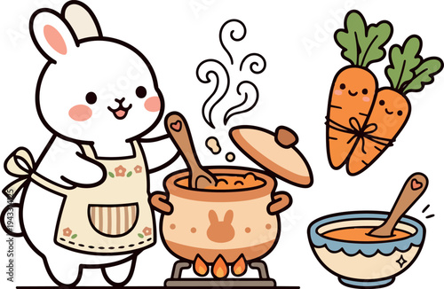 Cute bunny in apron stirring soup in pot with smiling carrots and bowl of carrot soup vector art illustration