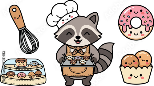 Cute kawaii raccoon chef holding fresh baked donuts with whisk cupcake and smiling pastry characters in cartoon vector style