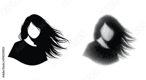 Two silhouetted women with flowing hair one solid one dotted