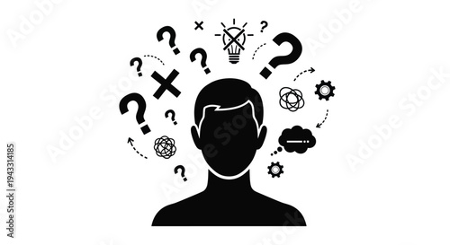 A silhouetted head surrounded by question marks ideas and symbols of thought